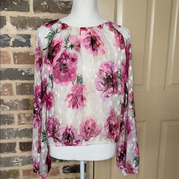 Express Pink Floral Gathered Neck Balloon Sleeve Top Clip Dot Lined Sz Large - Picture 5 of 13